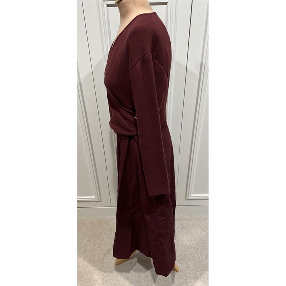 Zara Womens Wrap Dress Large Burgundy Midi V-Neck Long Sleeve Knit - Picture 9 of 12
